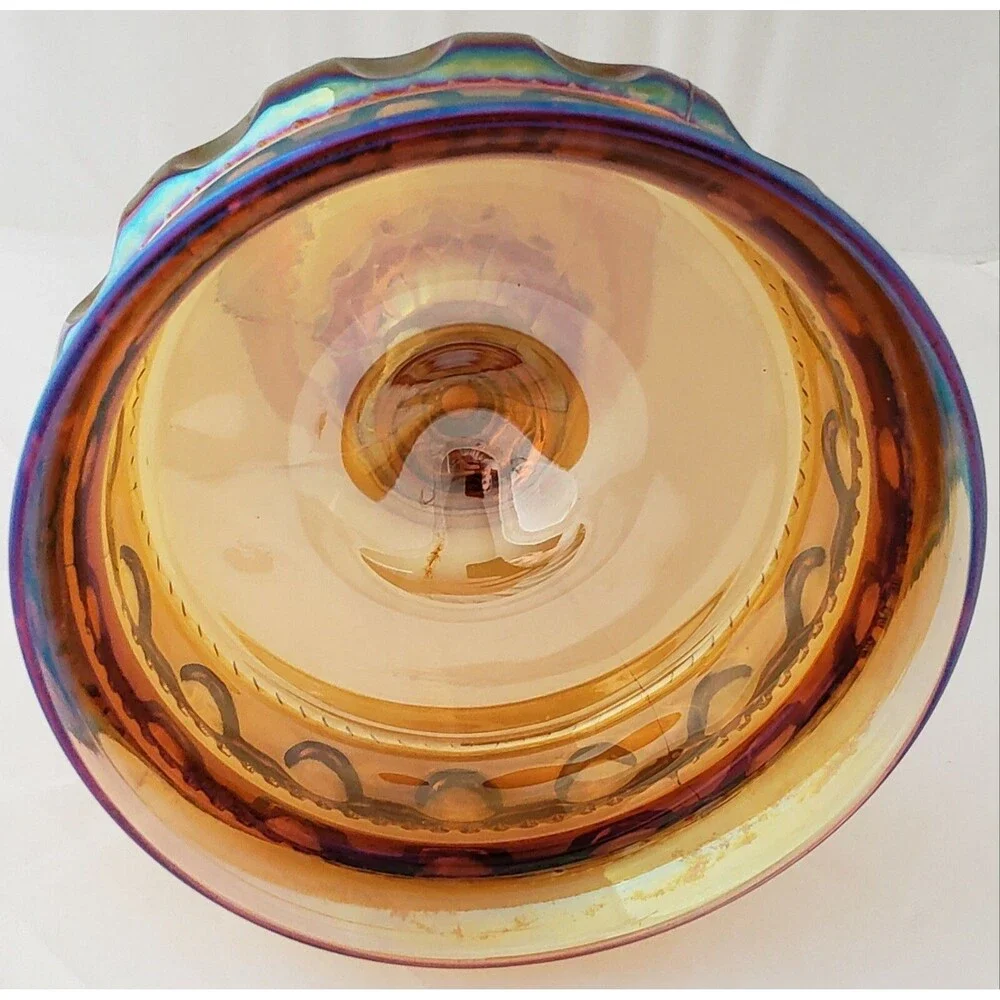 Vintage Amber Carnival Glass King Crown Iridescent Thumbprint Compote Candy Dish